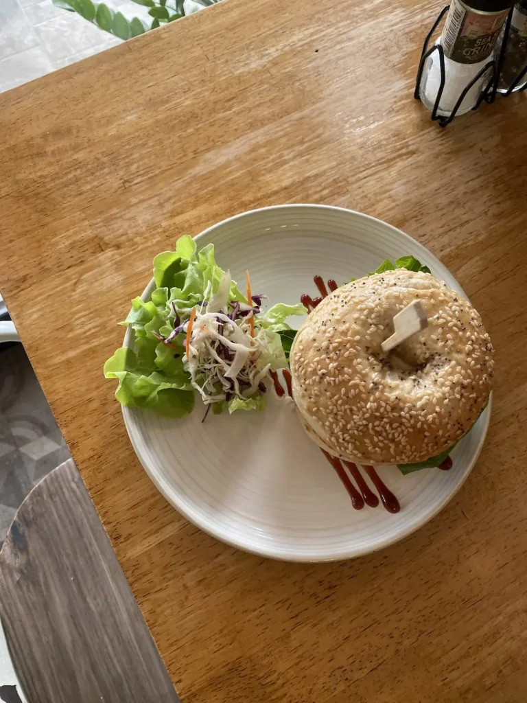 A gorgeous bagel with salad is a pretty good alternative for french toast in Chalong. Only at Poached Breakfast Cafe, Chalong, Phuket, Thailand