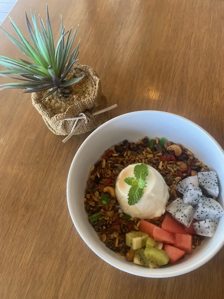 Chia seed pudding with museli and seasonal fruit. The perfect alternative to the best Chalong sandwich which can only be found at Poached Breakfast Cafe, Chalong, Phuket, Thailand