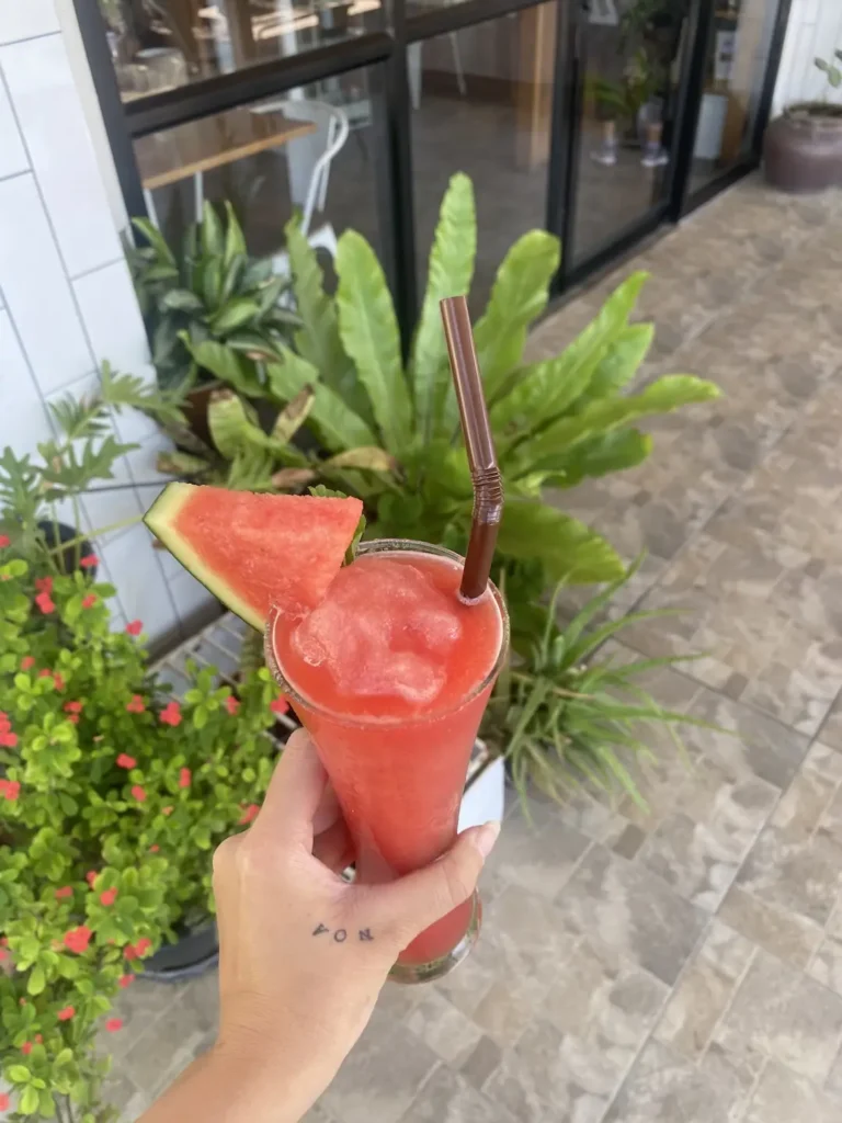 Fresh watermelon smoothie with plants behind it at the best Chalong vegetarian restaurant: Poached Breakfast Cafe, Chalong, Phuket, Thailand