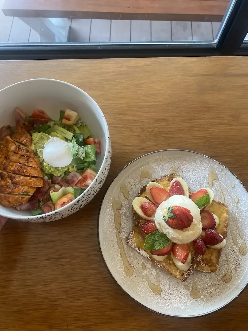 Salad and french toast at a cafe with good coffee in Chalong at Poached Breakfast Cafe, Chalong, Phuket, Thailand